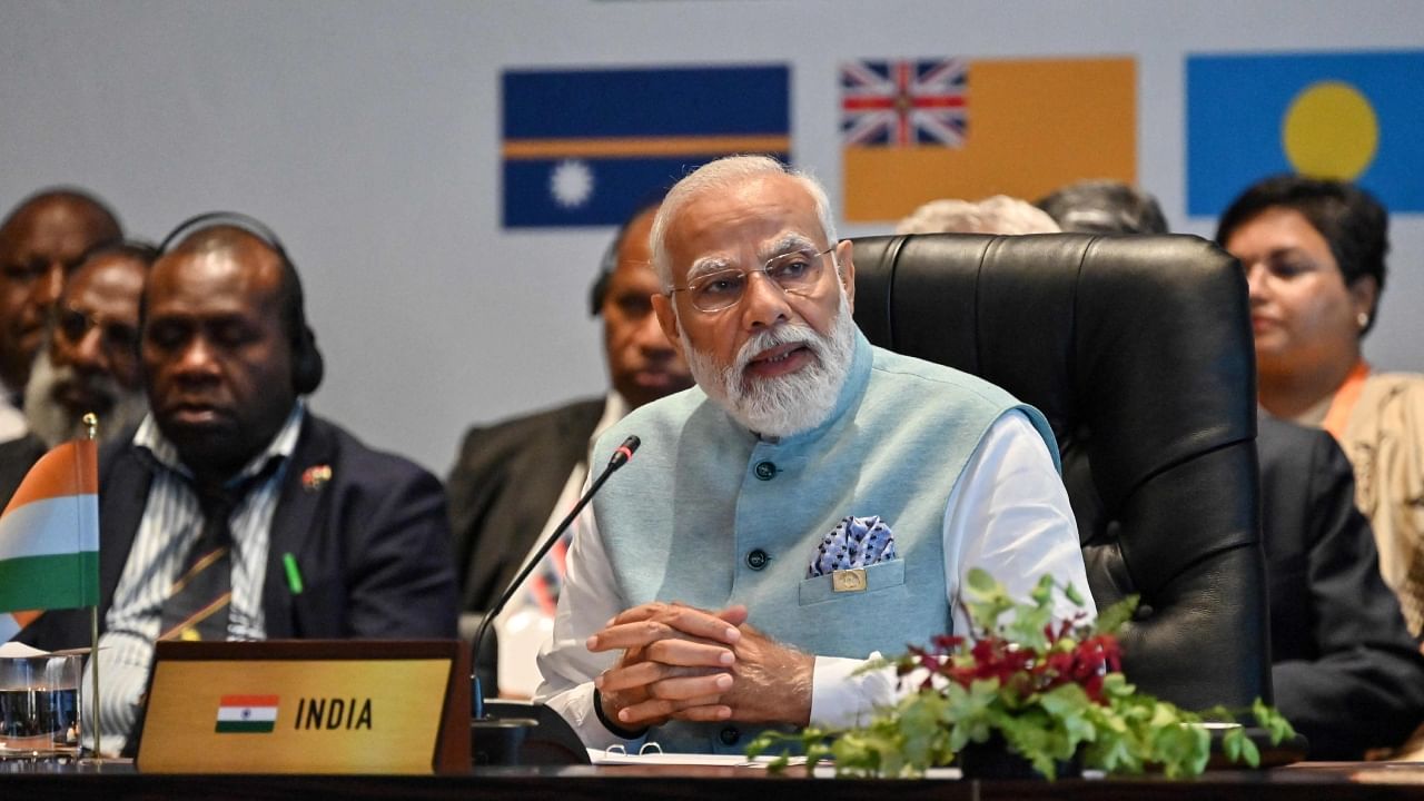 India’s Prime Minister Narendra Modi delivers his opening remarks during Forum for India–Pacific Islands Cooperation at APEC Haus in Port Moresby. Credit: AFP Photo