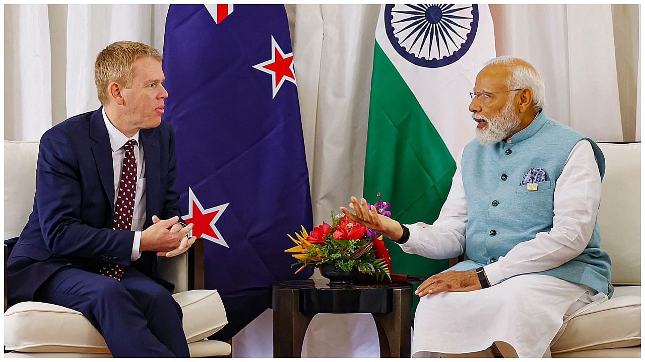 Prime Minister Narendra Modi during a bilateral meeting with New Zealand Prime Minister Chris Hipkins. Credit: PTI Photo