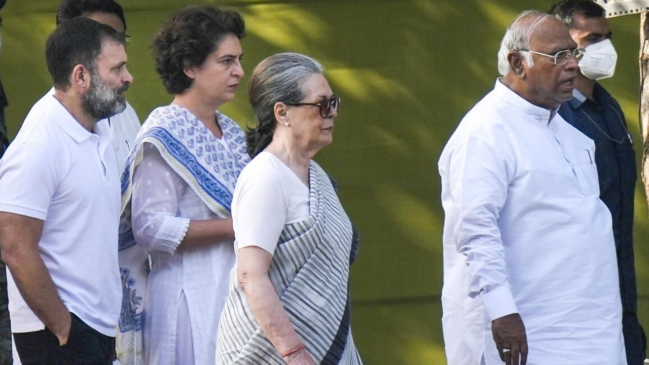 Congress President Mallikarjun Kharge, former president Sonia Gandhi, party leader Rahul Gandhi and General Secretary Priyanka Gandhi. Credit: PTI Photo