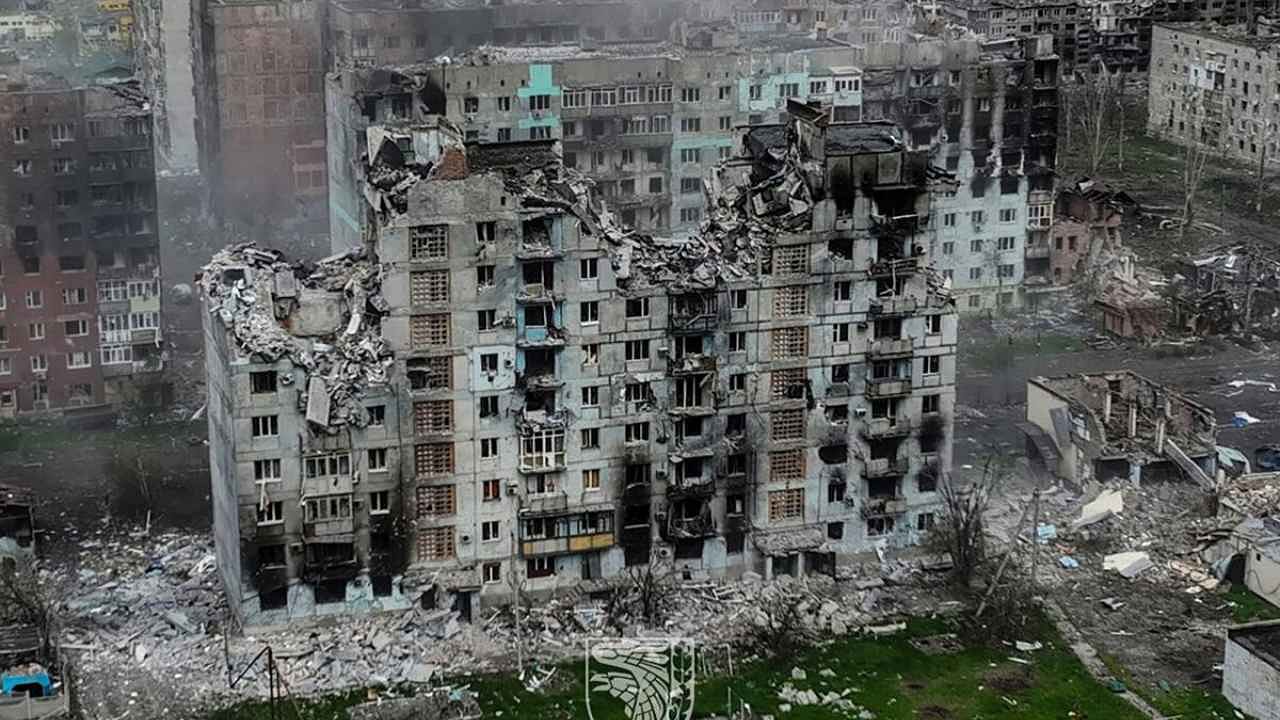 This undated handout aerial footage released on May 21, 2023, by the press service of the 93rd Kholodnyi Yar Mechanized Brigade of the Ukrainian Armed Forces shows the destruction in the city of Bakhmut, Donetsk region, amid the Russian invasion of Ukraine. Credit: AFP Photo