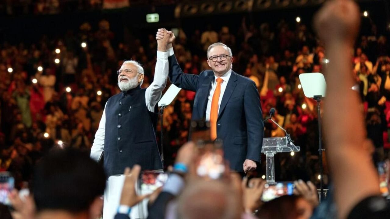 Prime Minister Narendra Modi with Prime Minister of Australia Anthony Albanese at a community programme, in Sydney, on Tuesday, May 23, 2023. Credit: IANS Photo
