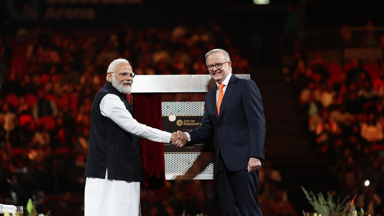 Prime Minister Narendra Modi with his Australian counterpart Anthony Albanese at the foundation stone laying ceremony of ‘Little India’ Gateway to be built in Harris Park, Parramatta, in Sydney. Credit: PTI Photo