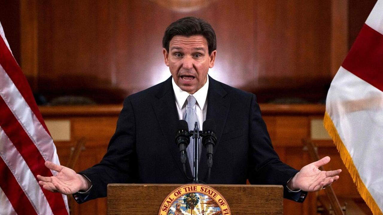 Florida Governor Ron DeSantis answers questions from the media following his "State of the State" address at the Florida State Capitol in Tallahassee, Florida, on March 7, 2023. Credit: AFP Photo