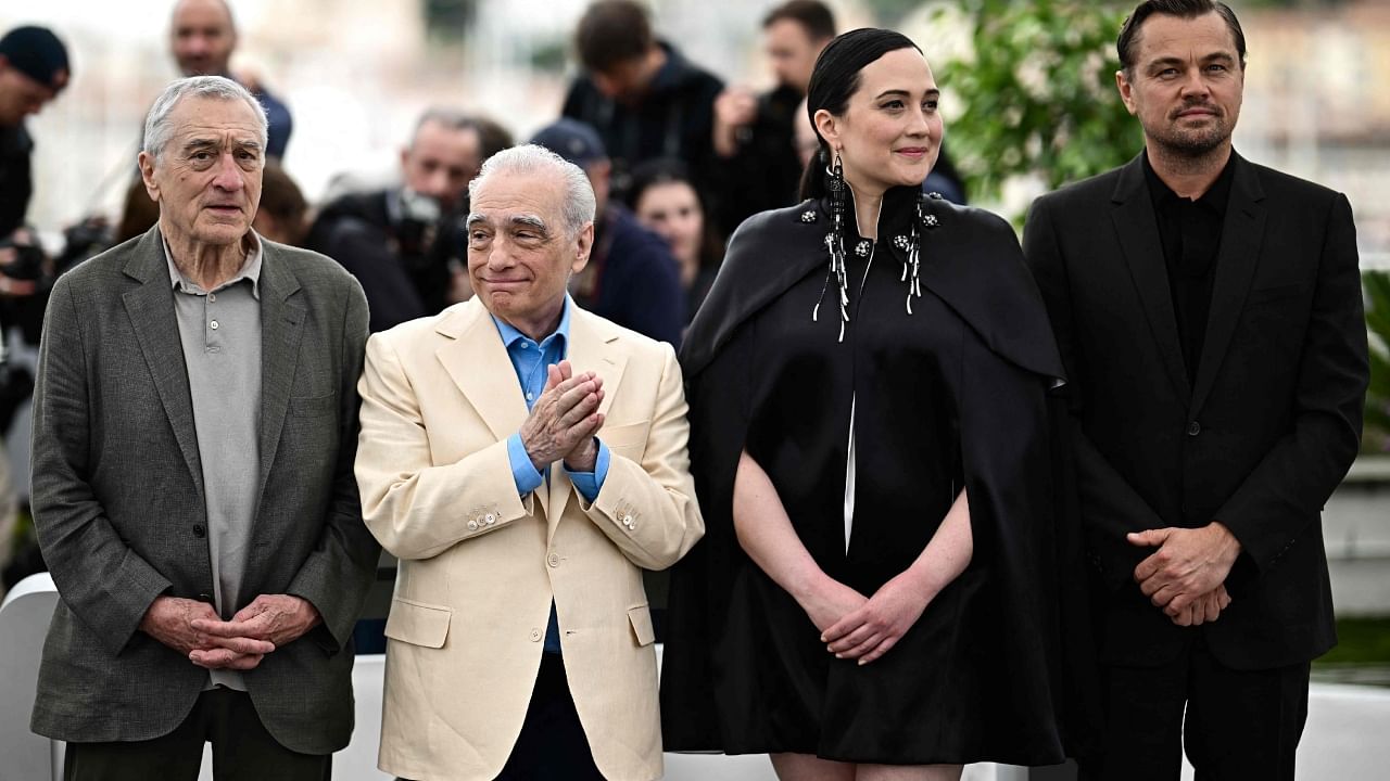 (From L to R) Robert de Niro, Martin Scorsese, Lily Gladstone, and Leonardo DiCaprio. Credit: AFP Photo