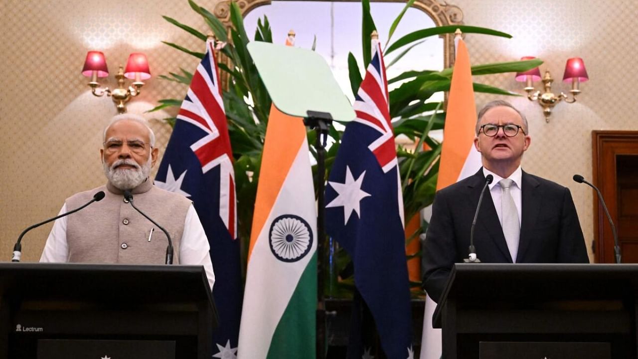 Narendra Modi with his Australian counterpart Anthony Albanese. Credit: AFP Photo