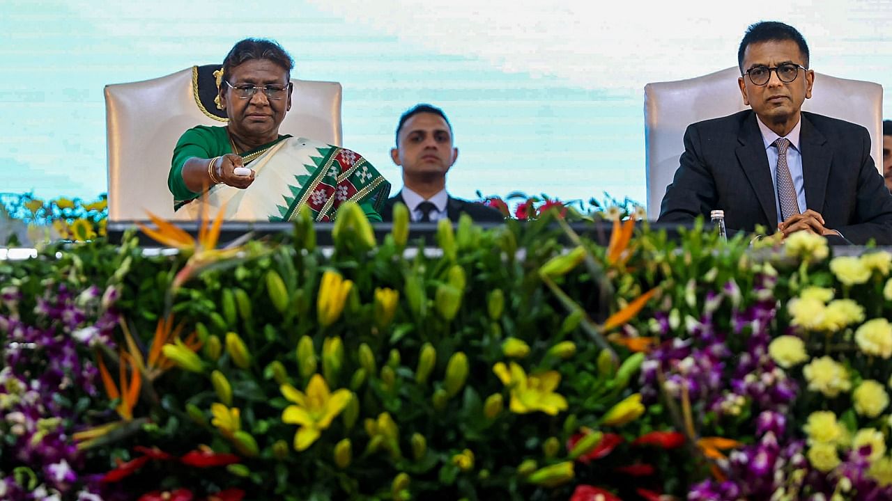  President Droupadi Murmu with Chief Justice of India (CJI) DY Chandrachud during the inauguration of the new building of Jharkhand High Court. Credit: PTI Photo