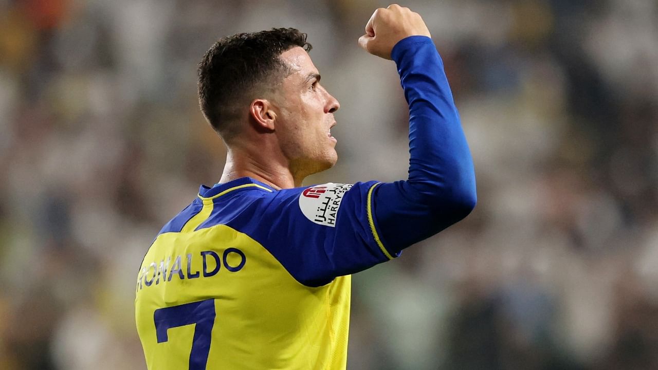 Al Nassr's Cristiano Ronaldo celebrates scoring their third goal. Credit: Reuters Photo