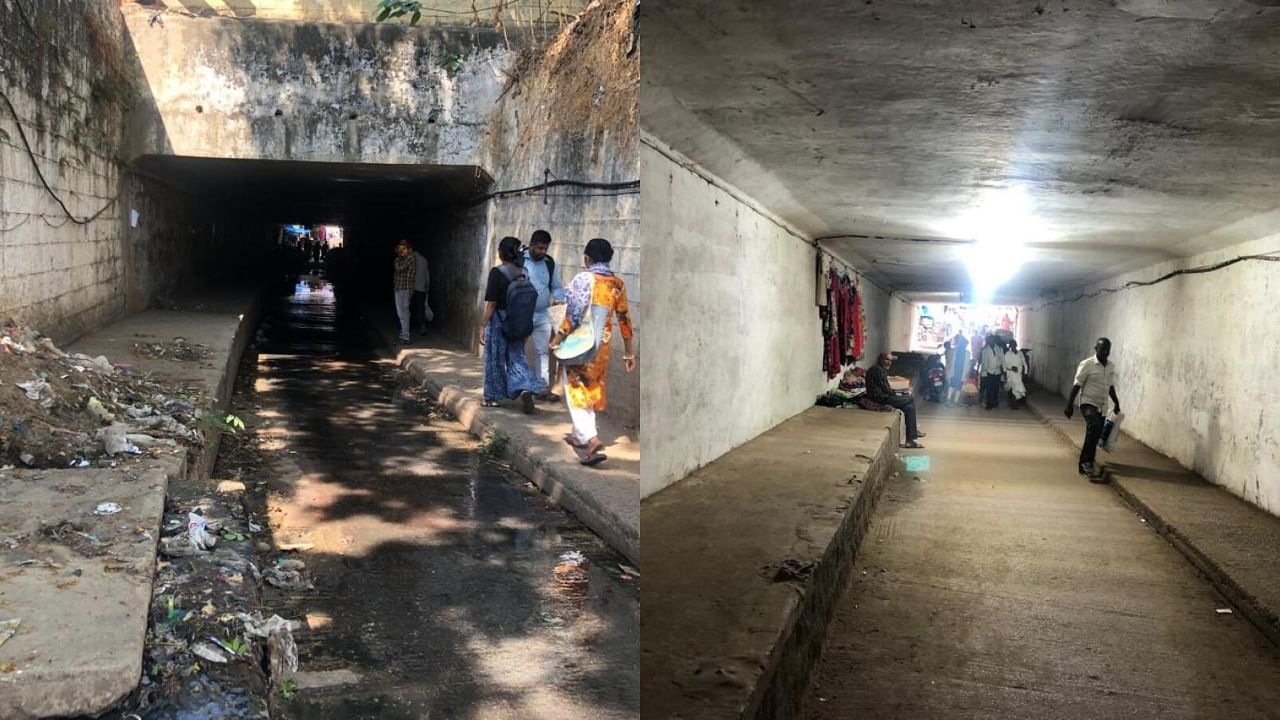 The pedestrian subway in Yeshwantpur before and after it was cleaned. Credit: DH Photos