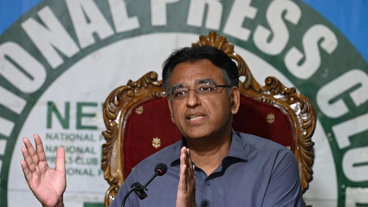 Imran Khan's close aide Asad Umar, speaks during a press conference after he was released from prison, to announce stepping down from his party position, in Islamabad on May 24, 2023. Credit: AFP Photo