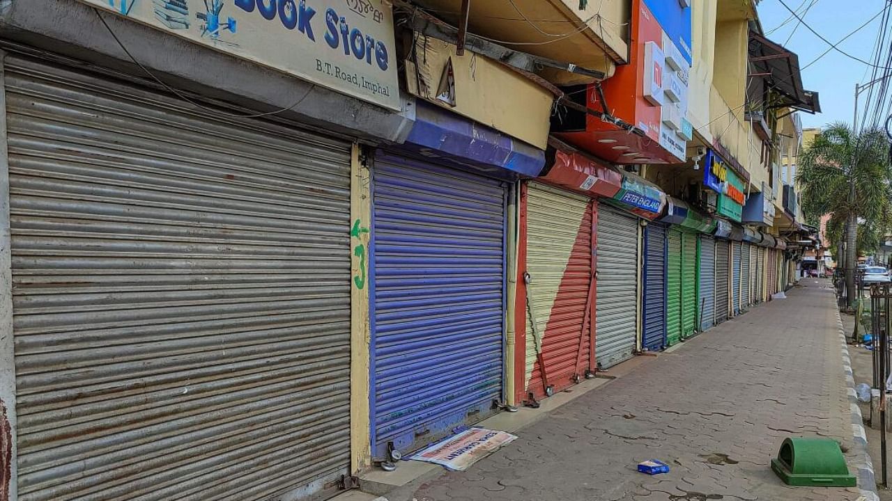 Closed shops at a market in Imphal on Thursday. Credit: PTI Photo