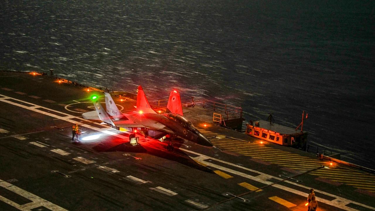 MiG-29K aircraft makes a maiden night landing on INS Vikrant. Credit: PTI Photo