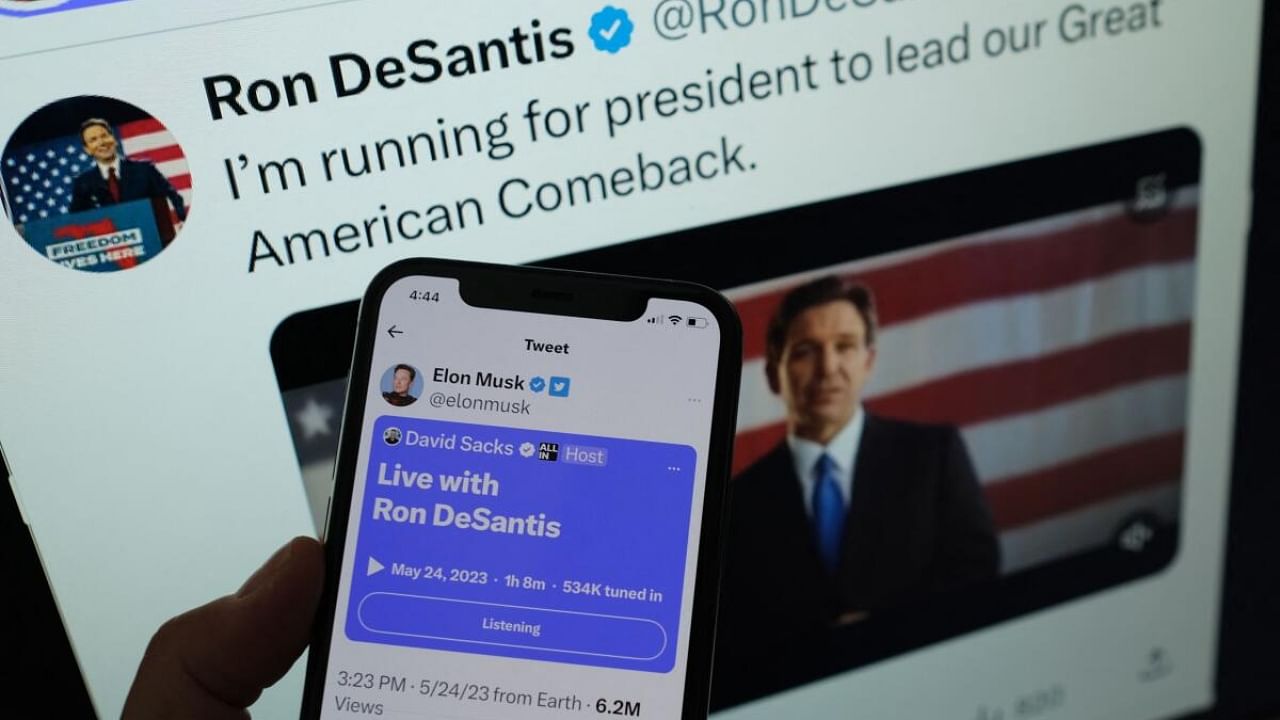 This illustration photo shows the live Twitter talk with Elon Musk on a background of Ron DeSantis as he announces his 2024 presidential run on his Twitter page. Credit: AFP Photo