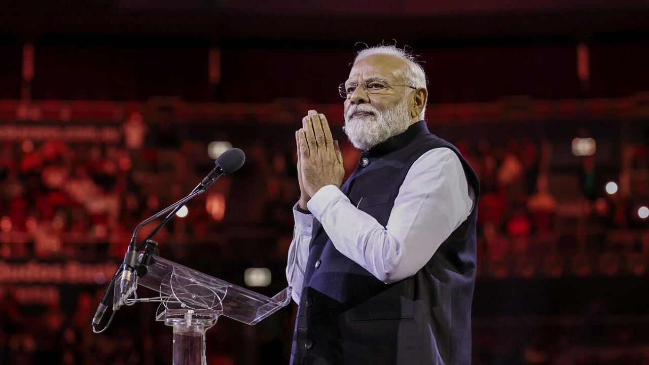 Prime Minister Narendra Modi addresses the Indian community programme, in Sydney, Tuesday, May 23, 2023. Credit: PTI Photo