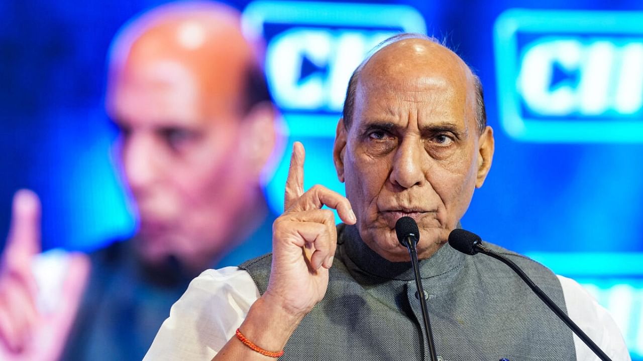 Defence Minister Rajnath Singh addresses during the 'CII Annual Session 2023', in New Delhi. Credit: PTI Photo