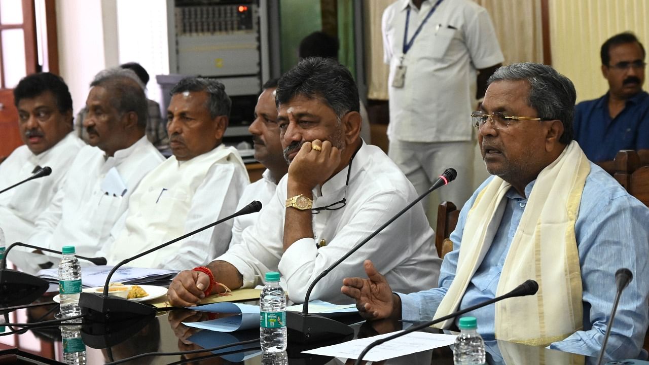 Chief Minister Siddaramaiah, Deputy Chief Minister D K Shivakumar, Designated Assembly speaker UT Khader, Ministers K H Muniyappa, KJ George and MB Patil at the congress legislative party meeting at Vidhana Soudha in Bengaluru. Credit: DH Photo/B K Janardhan