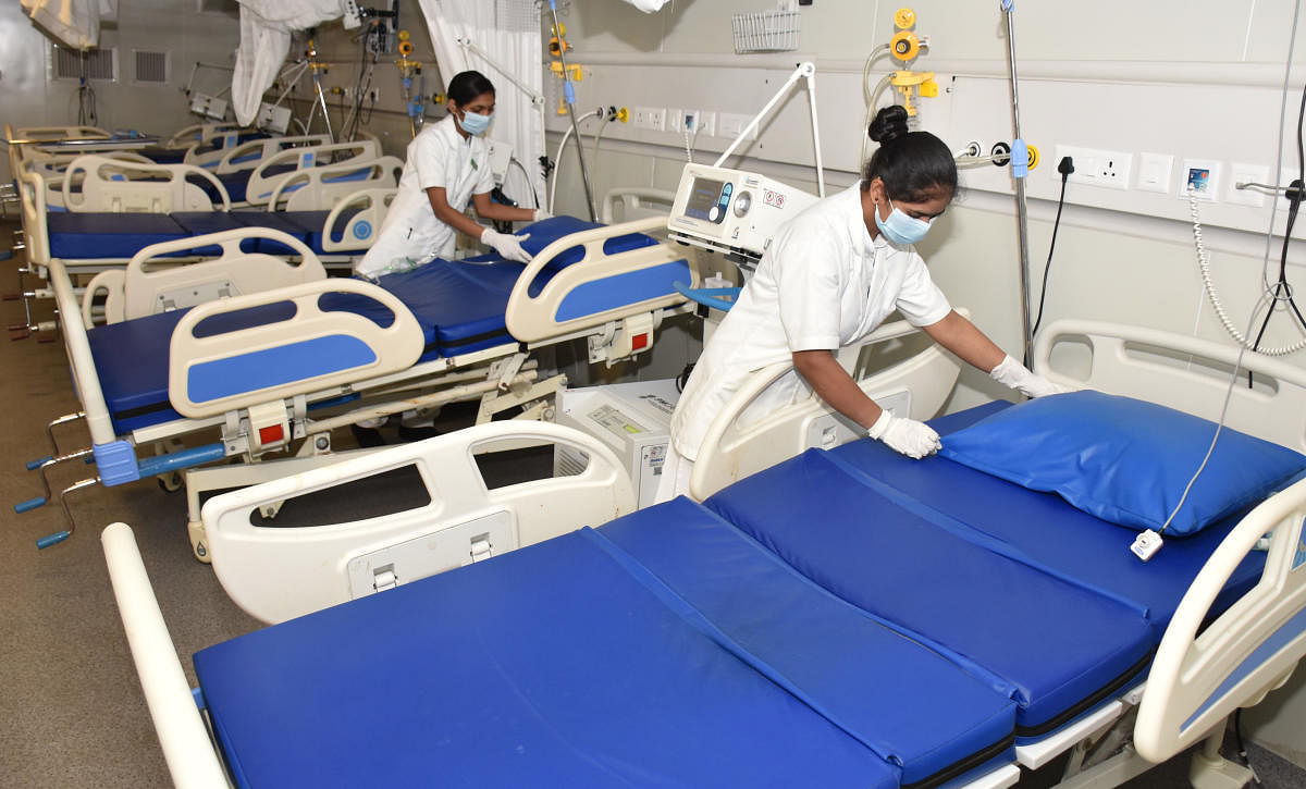 Mock drills ensure the readiness of health infrastructure to fight Covid at the K C General Hospital in Bengaluru. DH File Photo by B K Janardhan
