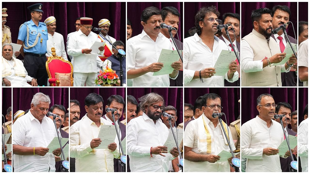  Karnataka Governor Thaawarchand Gehlot administers the oath of office to state cabinet ministers during the swearing-in ceremony at Raj Bhavan, in Bengaluru, Saturday, May 27, 2023. Credit: PTI Photo