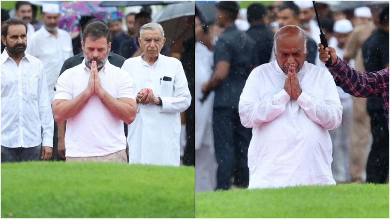 Congress chief Mallikarjun Kharge and party leader Rahul Gandhi offers prayers at Shanti Van on Jawaharlal Nehru's 59th death anniversary in Delhi. credit: PTI Photo