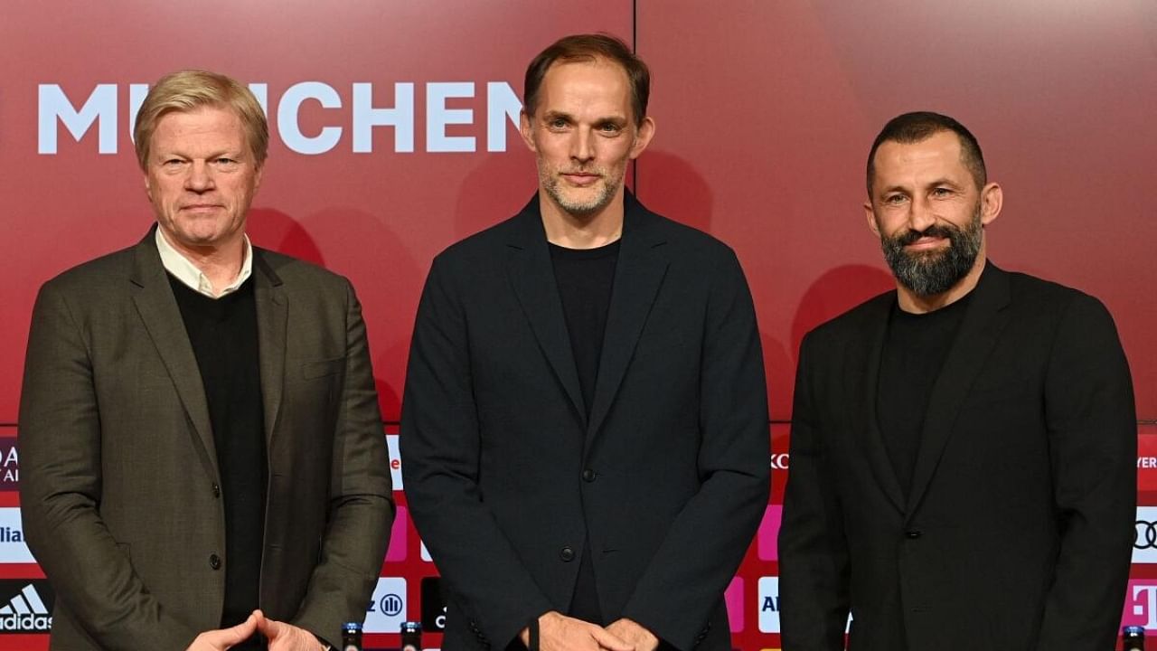 Bayern Munich's former CEO Oliver Kahn (L), head coach Thomas Tuchel (C), and sporting director Hasan Salihamidzic (R). Credit: AFP Photo