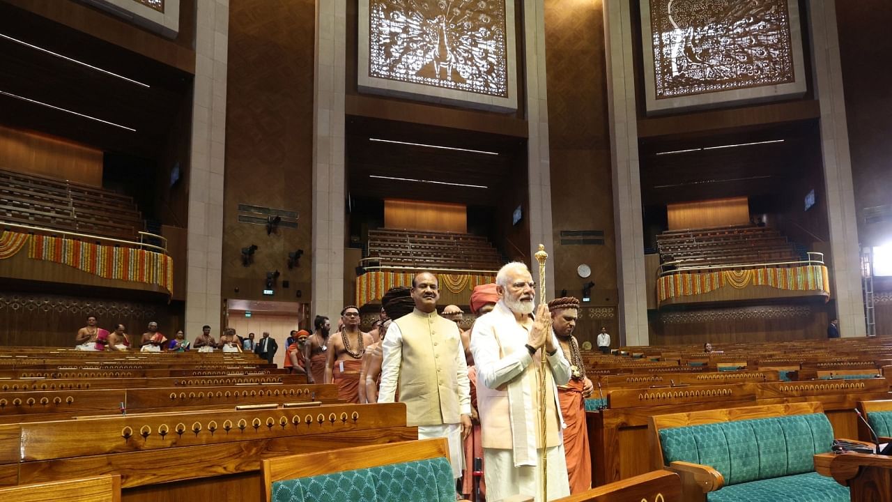 Prime Minister Narendra Modi with Lok Sabha Speaker Om Birla during the inauguration of the new Parliament building. Credit: Twitter/ @narendramodi