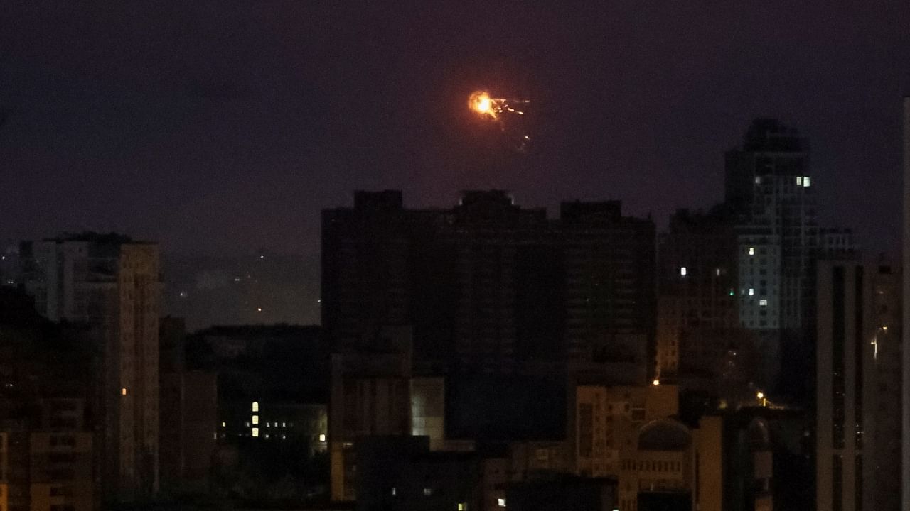 An explosion is seen in the sky over the city during a Russian drone and missile strike, amid Russia's attack on Ukraine, in Kyiv. Credit: Reuters Photo
