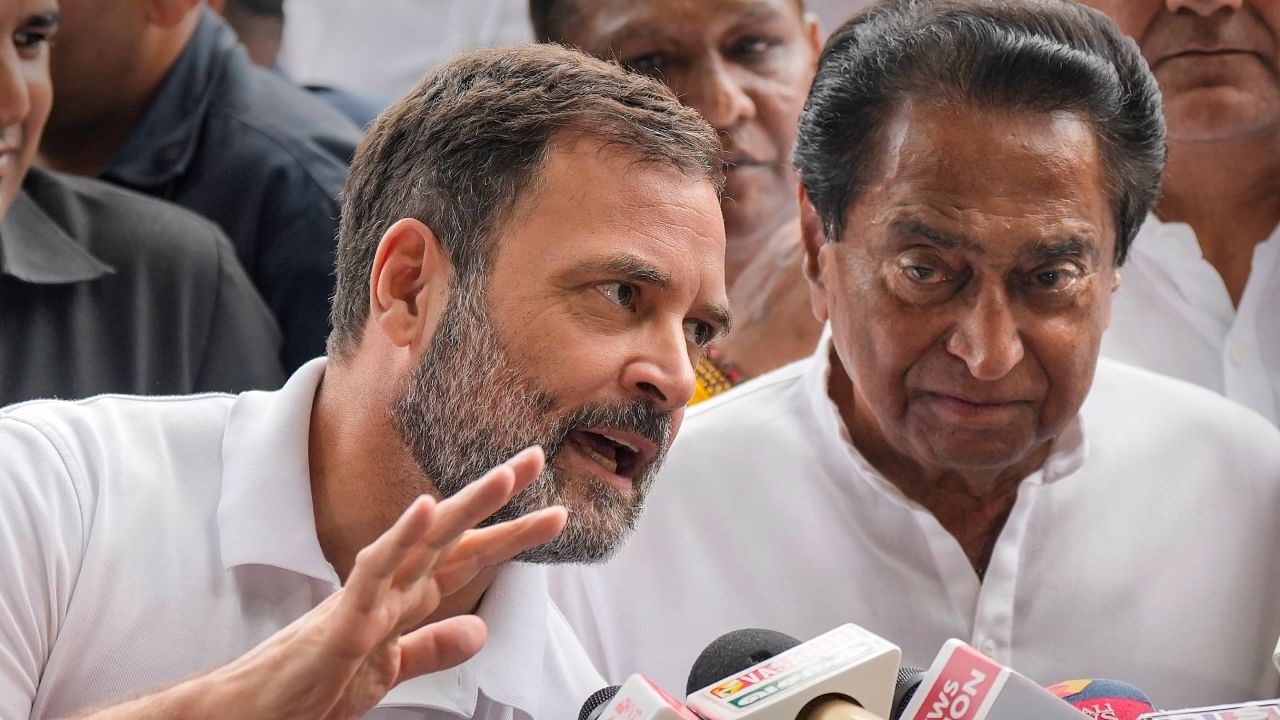 Congress leader Rahul Gandhi with party leader Kamal Nath and others after meeting Congress President Mallikarjun Kharge along with leaders from Madhya Pradesh. Credit: PTI Photo