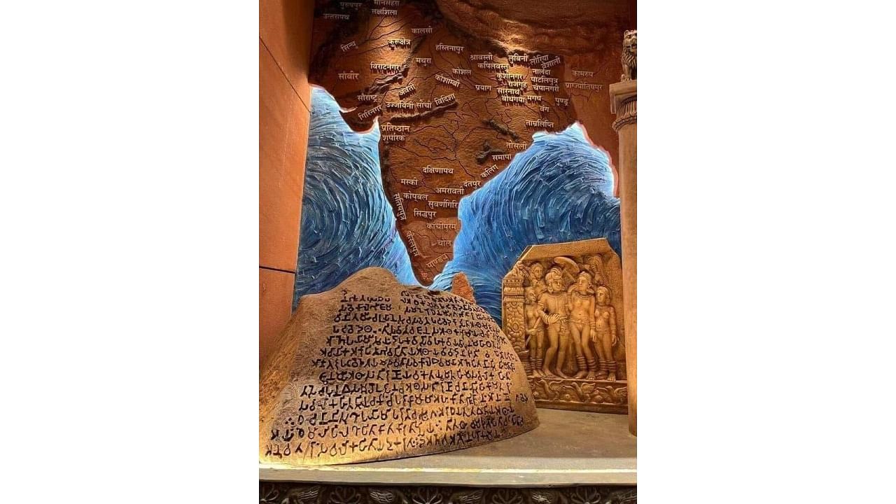 The art installation in the new Parliament building features ancient map of India, replicas of Maski rock redict and sculpture of Emperor Ashoka with his family from Sannati. Credit: Special Arrangement