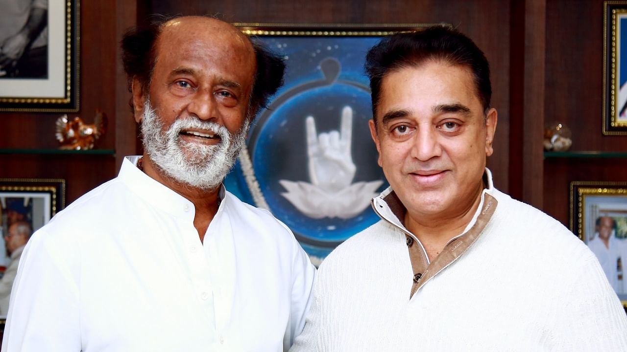 File photo of Rajinikanth and Kamal Haasan at former's residence. Credit: Special Arrangement