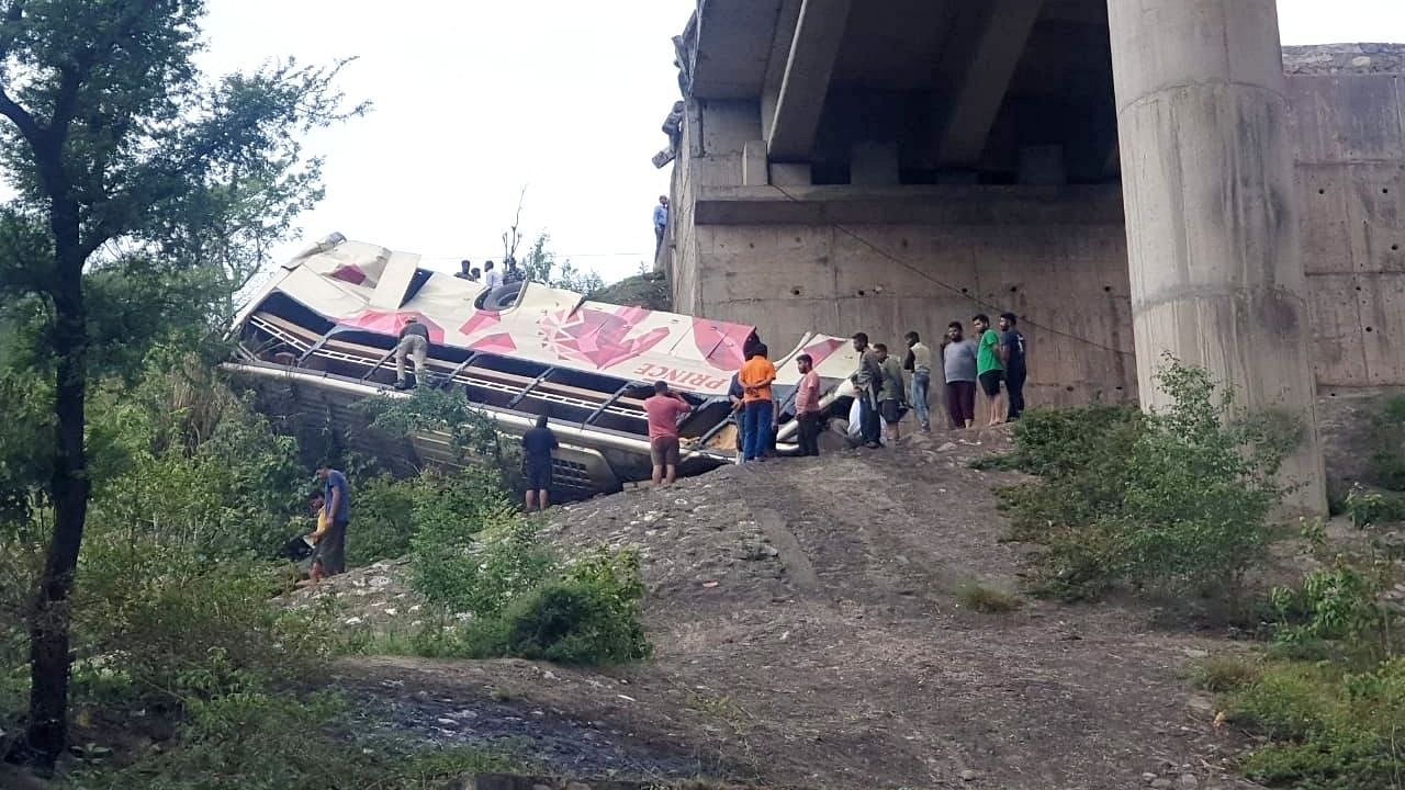 At least 10 people were killed and 55 others injured on Tuesday after a bus plunged into a deep gorge in Jammu district, May 30, 2023. Credit: IANS Photo