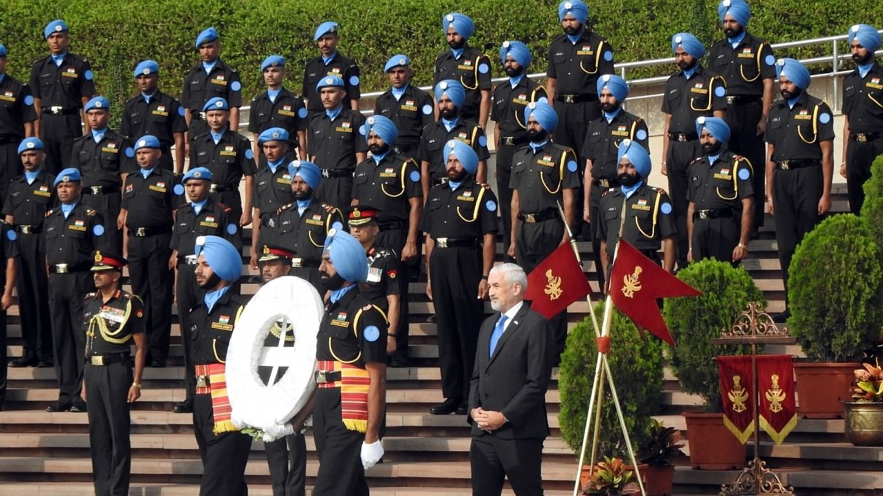 UN Resident Coordinator for India Shombi Sharp goes to lay a wreath to commemorate the 75th UN Peacekeepers Day, at National War Memorial in New Delhi, on Monday, May 29, 2023. Credit: IANS Photo