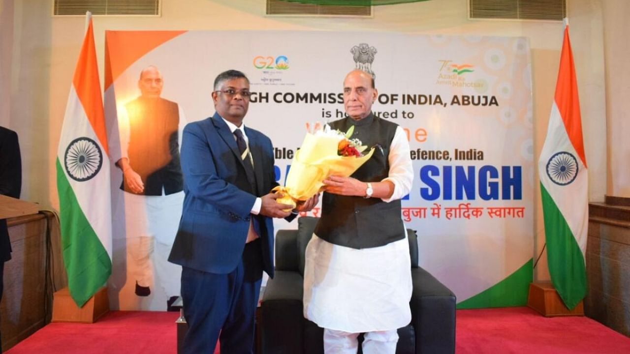 Defence Minister Rajnath Singh during an interaction with the Indian community in Nigeria at an event organised by Indian High Commission, in Abuja. Credit: IANS Photo