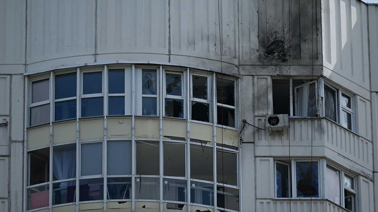 A view of a damaged multi-storey apartment building after a reported drone attack in Moscow. Credit: AFP Photo