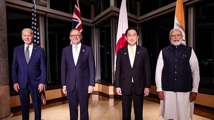 Prime Minister Narendra Modi with USA President Joe Biden, Prime Minister of Australia Anthony Albanese and Prime Minister of Japan Fumio Kishida during the Quad Leaders' Summit, in Hiroshima. Credit: PTI Photo