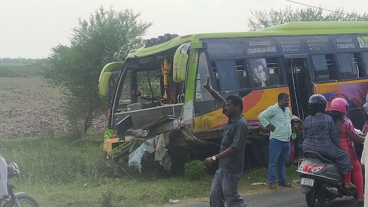 The bus that was involved in the mishap that claimed 10 lives near Kurubur on T Narsipur-Kollegal road, in Mysuru, on May 29, 2023. Credit: DH Photo
