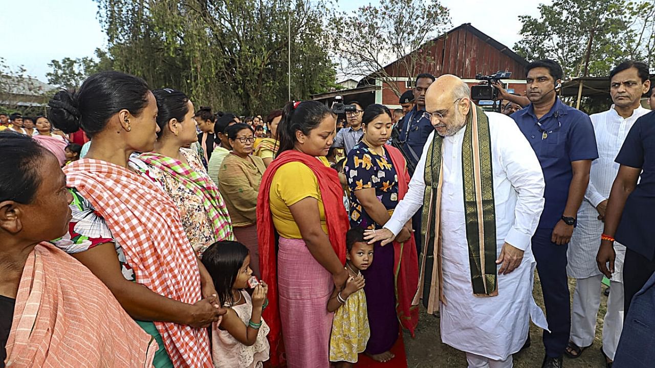 Union Home Minister Amit Shah visits a Meitei relief camp in Imphal. Credit: PTI Photo