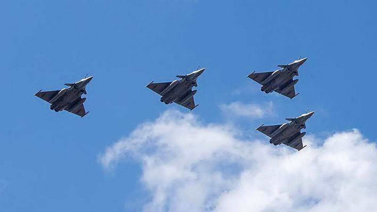 Four Rafale jets of the Indian Air Force conduct a long-range mission lasting over six hours delivering pinpoint precision strikes, in the Indian Ocean Region. Credit: PTI Photo