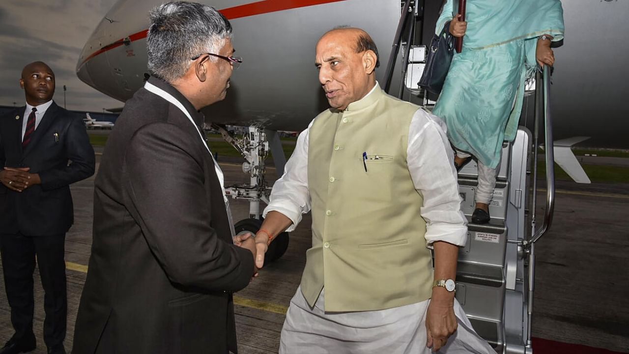 Defence Minister Rajnath Singh being received on his visit to Nigeria, in Abuja, Monday, May 29, 2023. Credit: PTI Photo