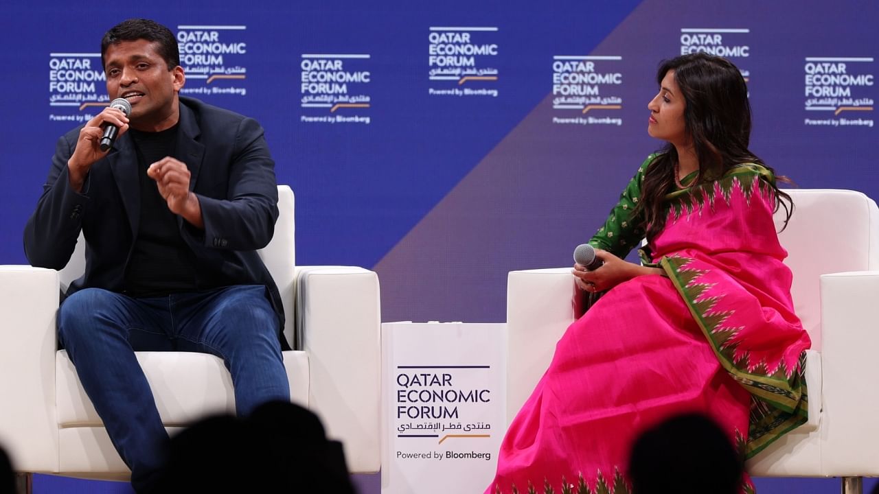 Byju’s Co-founders Byju Raveendran, left, and Divya Gokulnath in Doha, Qatar, on May 24. Credit: Bloomberg