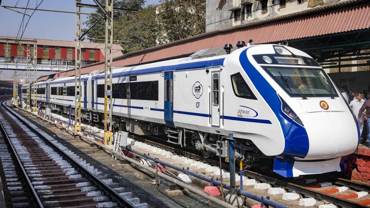 A Vande Bharat Express train at a railway station in Mumbai. Credit: PTI File Photo