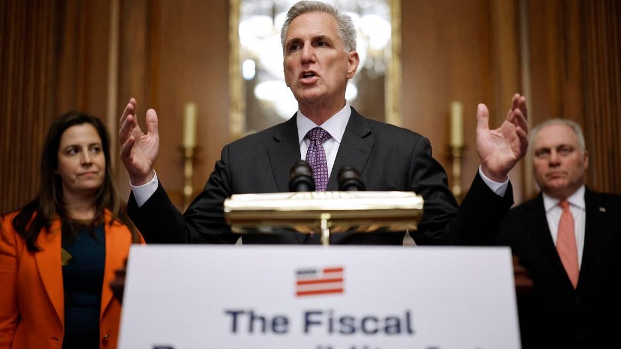 Speaker of the House Kevin McCarthy holds a news conference after the House passed The Fiscal Responsibility Act of 2023. Credit: AFP Photo