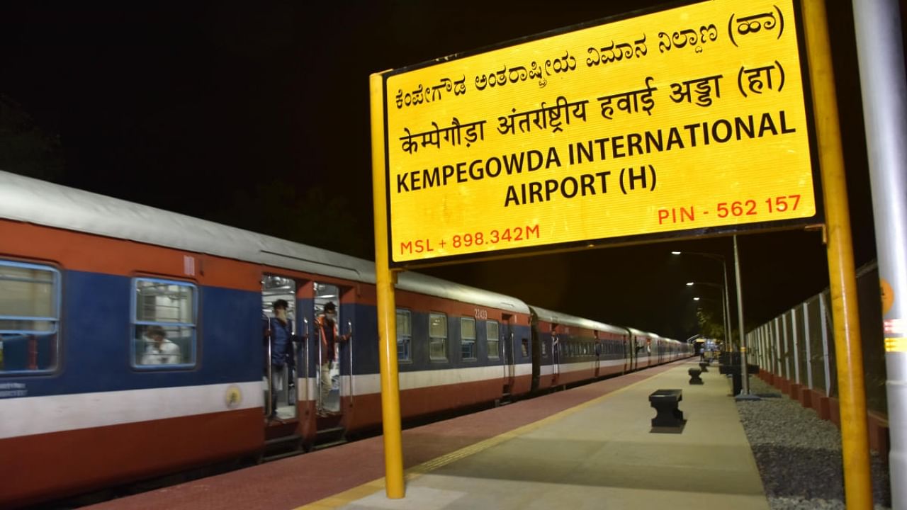 The train comes from Bangarpet chugs and leaves towards city at the Kempegowda International Airport. Credit: DH File Photo