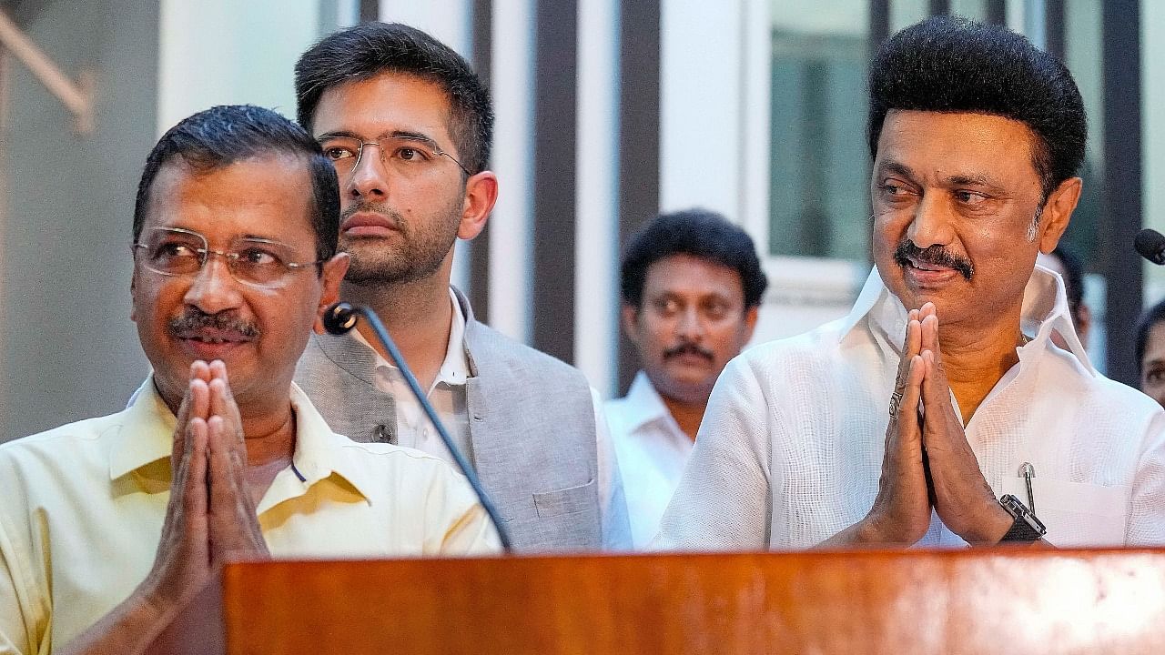 Tamil Nadu Chief Minister MK Stalin with Delhi Chief Minister Arvind Kejriwal. Credit: PTI Photo