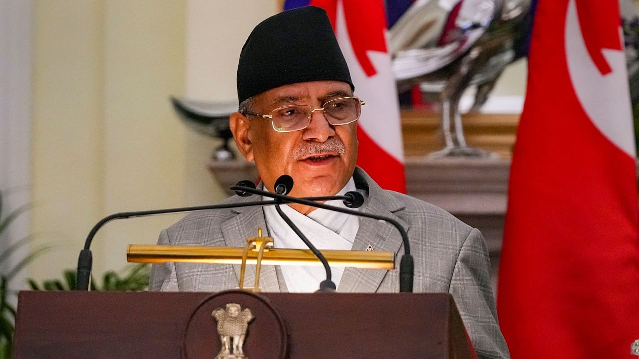 Prime Minister of Nepal Pushpa Kamal Dahal 'Prachanda' speaks during a joint press statement with Prime Minister Narendra Modi after their meeting at the Hyderabad House, in New Delhi, Thursday, June 1, 2023. Credit: PTI Photo