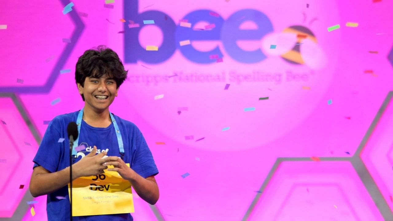 Dev Shah, 14, reacts as he wins the Scripps National Spelling Bee finals, in Oxon Hill, Maryland, USA, Thursday, June 1, 2023. Credit: PTI Photo