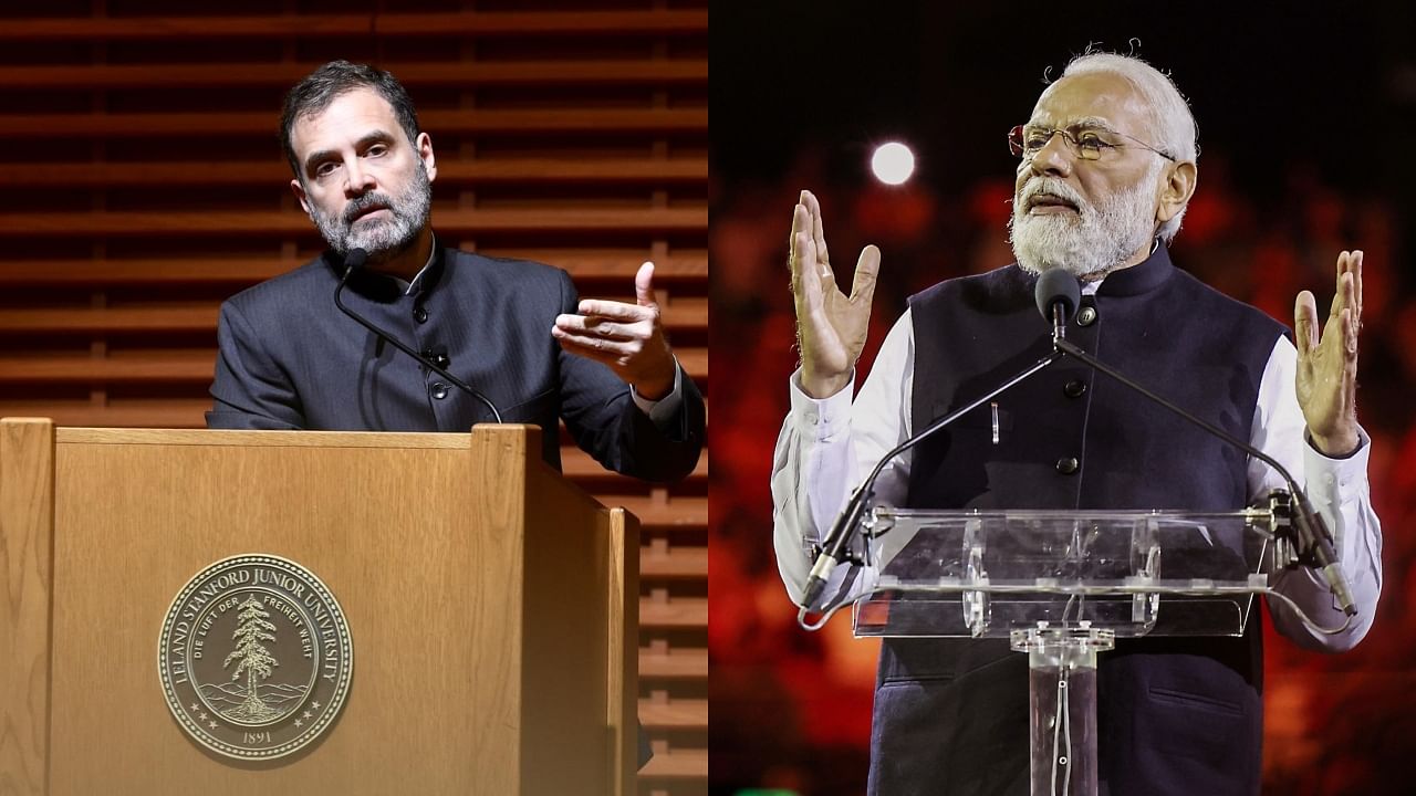 Rahul Gandhi at Stanford University, in California, USA , June 01, 2023; and Prime Minister Narendra Modi in Sydney, Australia, May 23, 2023. Credit: Twitter/@RahulGandhi, PTI Photo