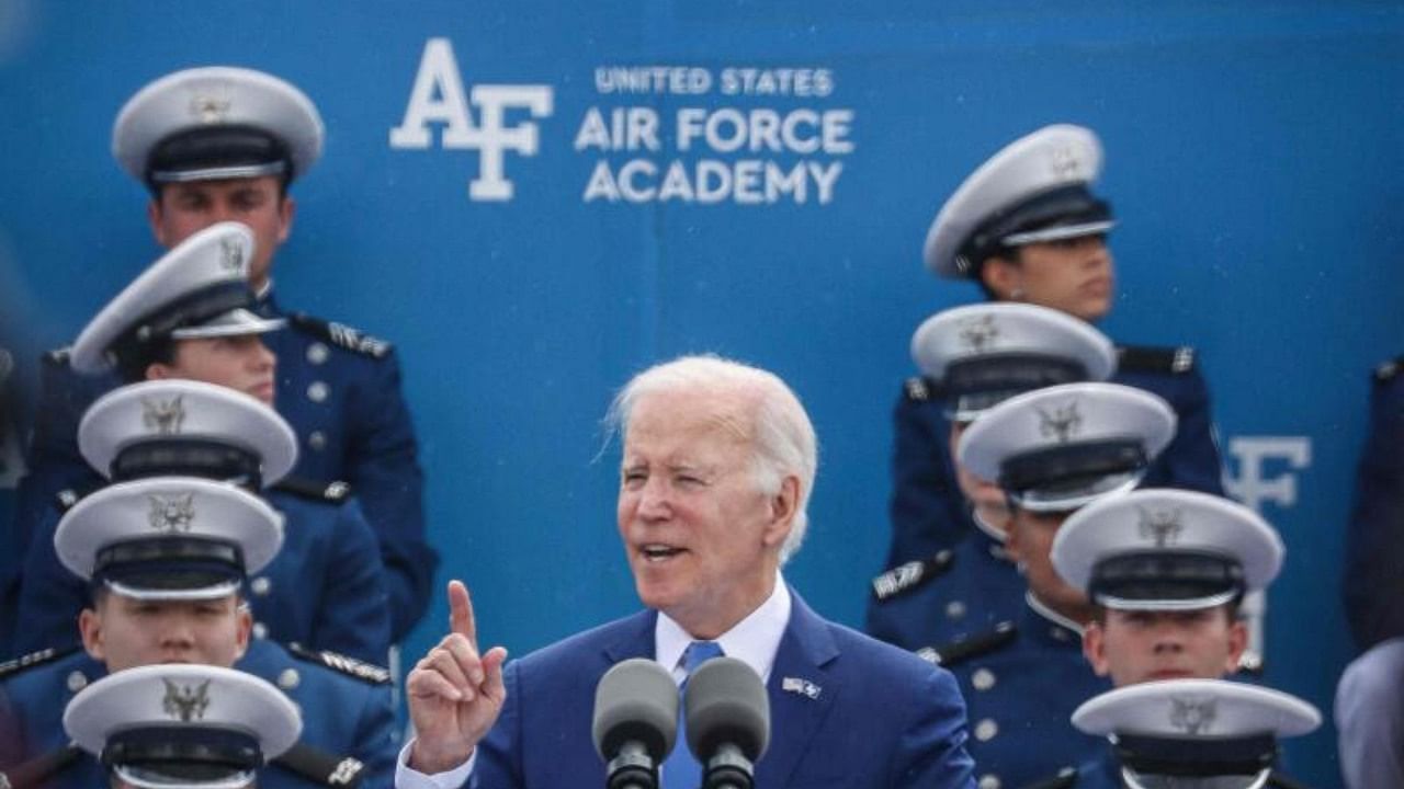 President Joe Biden speaks to the cadets, their families and guests during his commencement address on June 1, 2023 at Falcon Stadium on the U.S. Air Force Academy in Colorado Springs, Colorado. The event featured the graduation of 921 Air Force cadets. Credit: AFP Photo