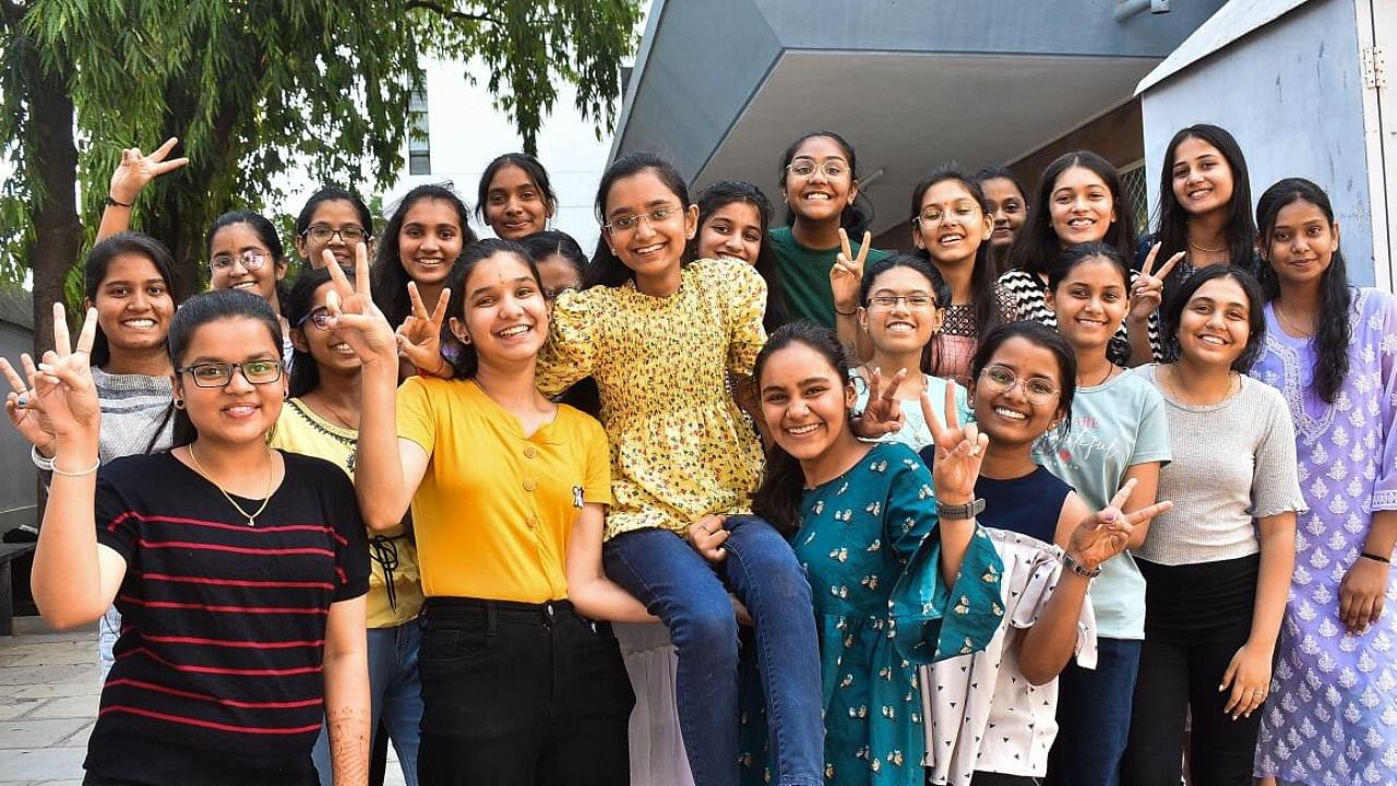 Students celebrate as Maharashtra SSC results are out in Solapur. Credit: PTI Photo