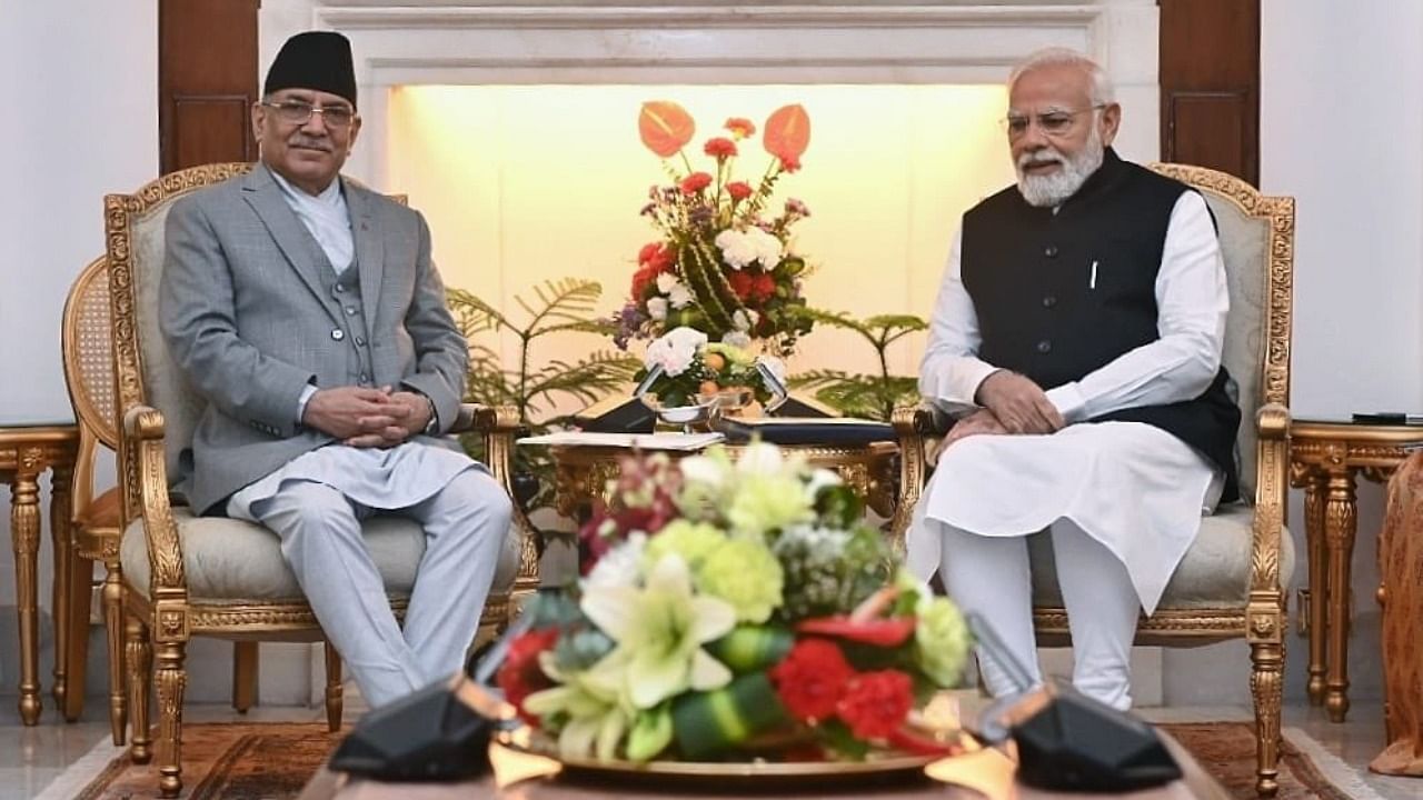 Prime Minister Narendra Modi and Nepalese counterpart Pushpakamal Dahal 'Prachanda'. Credit: Twitter/@AIRNewsHindi