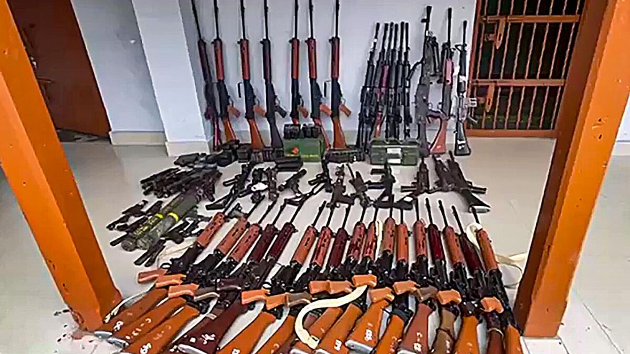 Weapons surrendered at different locations in Manipur after Union Home Minister Amit Shah's appeal. Credit: PTI Photo