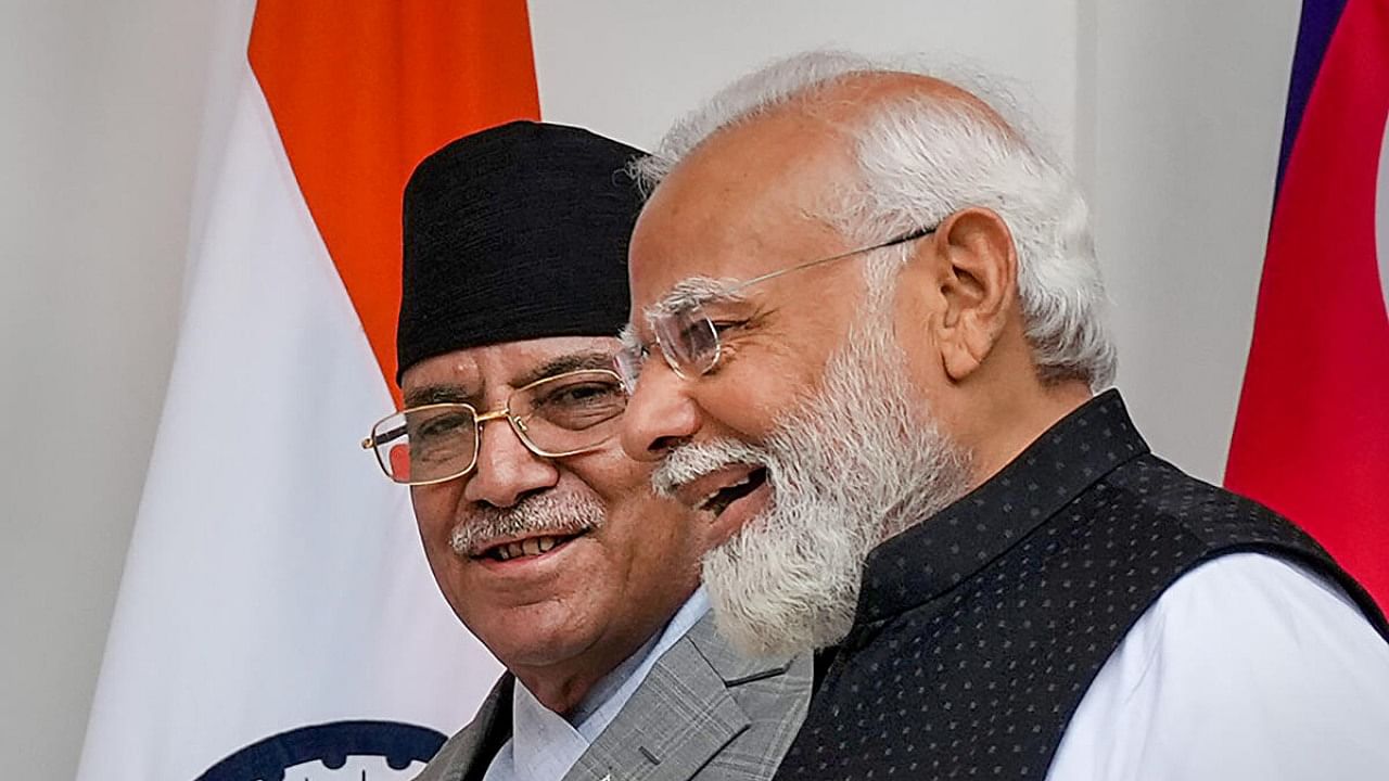 Prime Minister Narendra Modi with Prime Minister of Nepal Pushpa Kamal Dahal 'Prachanda' before their meeting, at the Hyderabad House in New Delhi, Thursday, June 1, 2023. Credit: PTI Photo